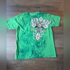 Vintage Y2K Raw State Cross Wing Grunge Cyber Green T-Shirt w/Velvet Mens Large